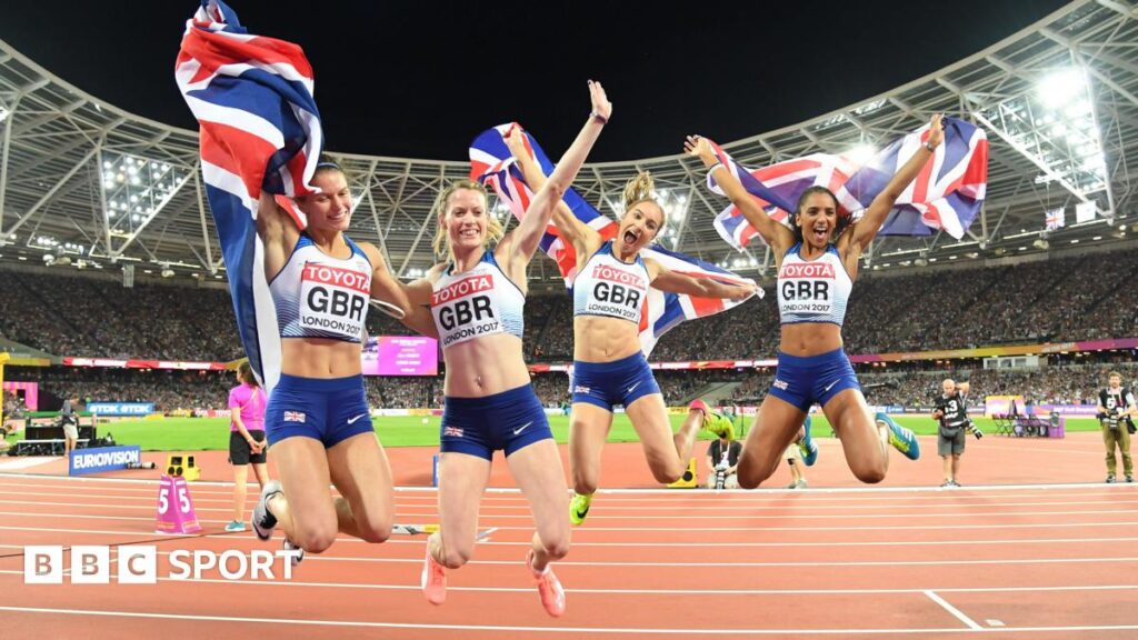 Zoey Clark, Laviai Nielsen, Eilidh Doyle and Emily Diamond of Great Britain celebrate winning silver in the women's 4x400m relay at the 2017 World Athletics Championships in London