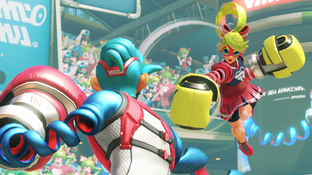 ARMs screenshot taken on Nintendo Switch – shows female contestant battling male rival with blue hair