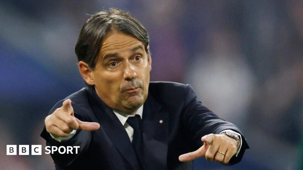 Coach Simone Inzaghi signals to his Inter Milan players during the 2025 Champions League final