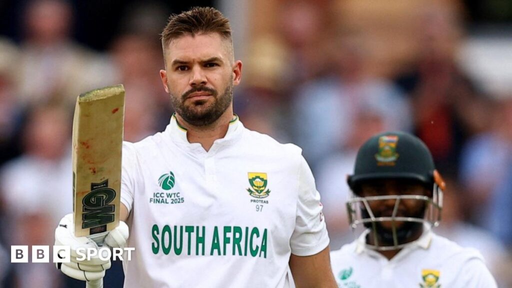 South Africa batter Aiden Markram salutes the crowd