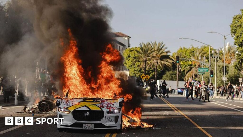 a car on fire in LA