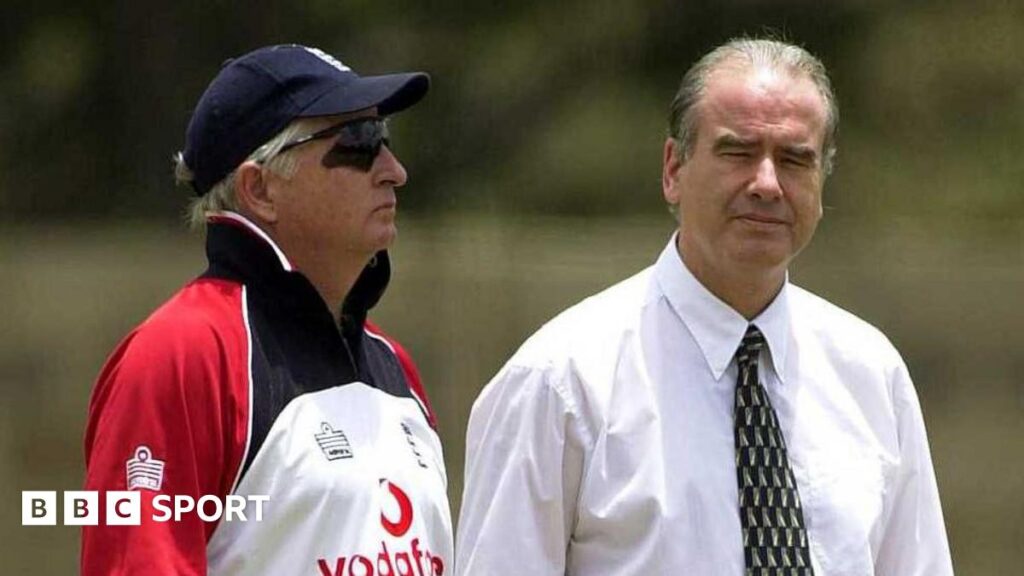 Duncan Fletcher and Tim Lamb at an England net session ahead of a tour to Pakistan
