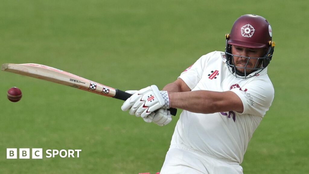 Ricardo Vasconcelos, playing for Northants, swings his bat to connect with the ball
