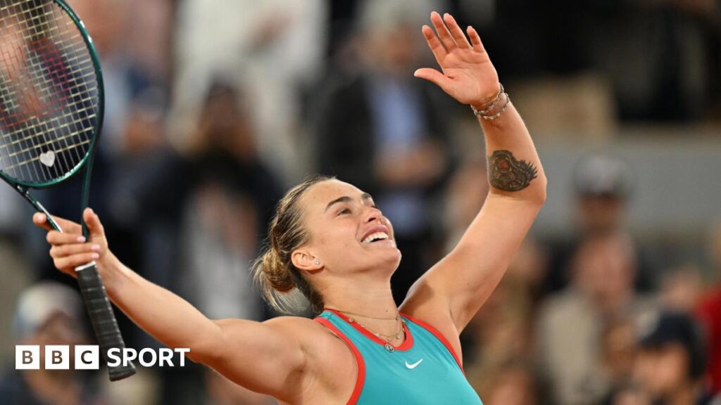 Aryna Sabalenka celebrates after beating Iga Swiatek in the French Open semi-finals