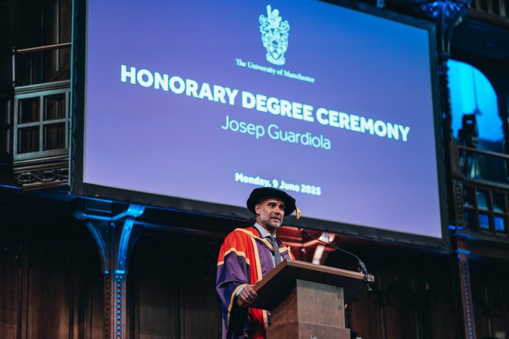 Pep Guardiola of Manchester City receives an Honorary Doctorate from Manchester University at Whitworth Hall on June 9, 2025 in Manchester, England. (Photo by Tom Flathers/Manchester City FC)