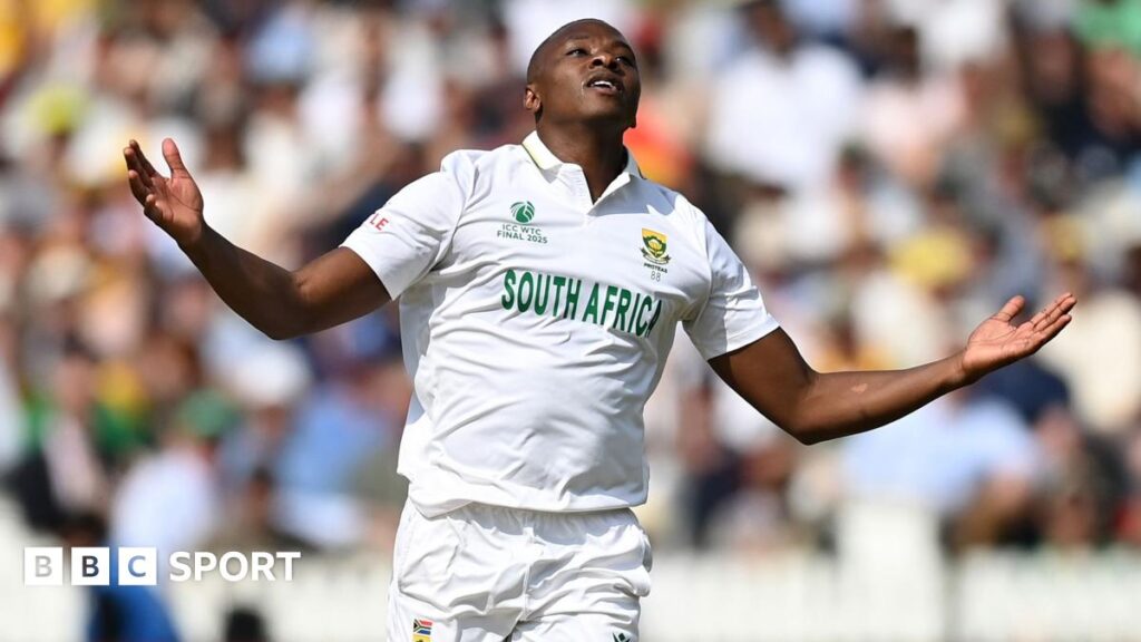 Former England fast bowler Stuart Broad at Lord's passing on bowling tips to South Africa quick Kasigo Rabada