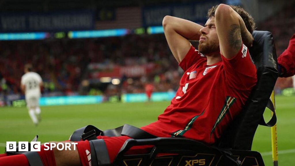 Neco Williams is stretchered off during the first half at Cardiff City Stadium
