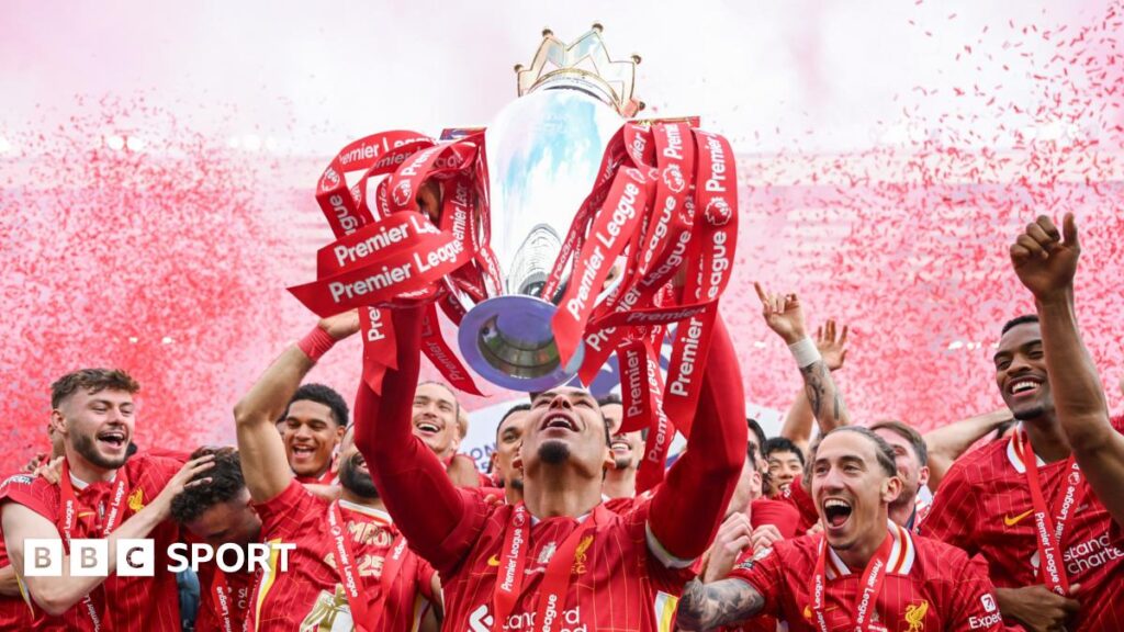 Liverpool captain Virgil van Dijk lifts the Premier League trophy