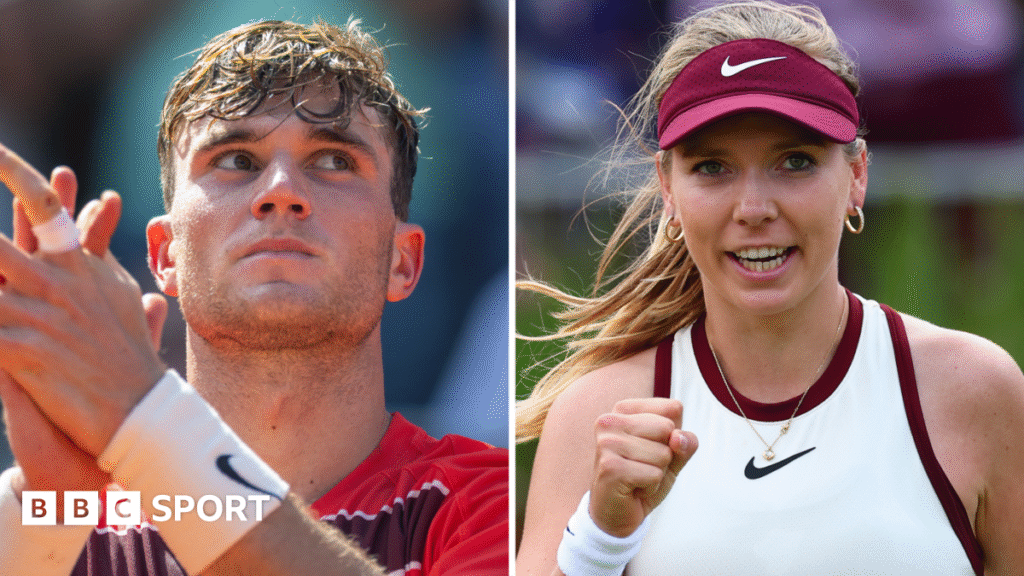 A composite image of Jack Draper and Katie Boulter celebrating a point