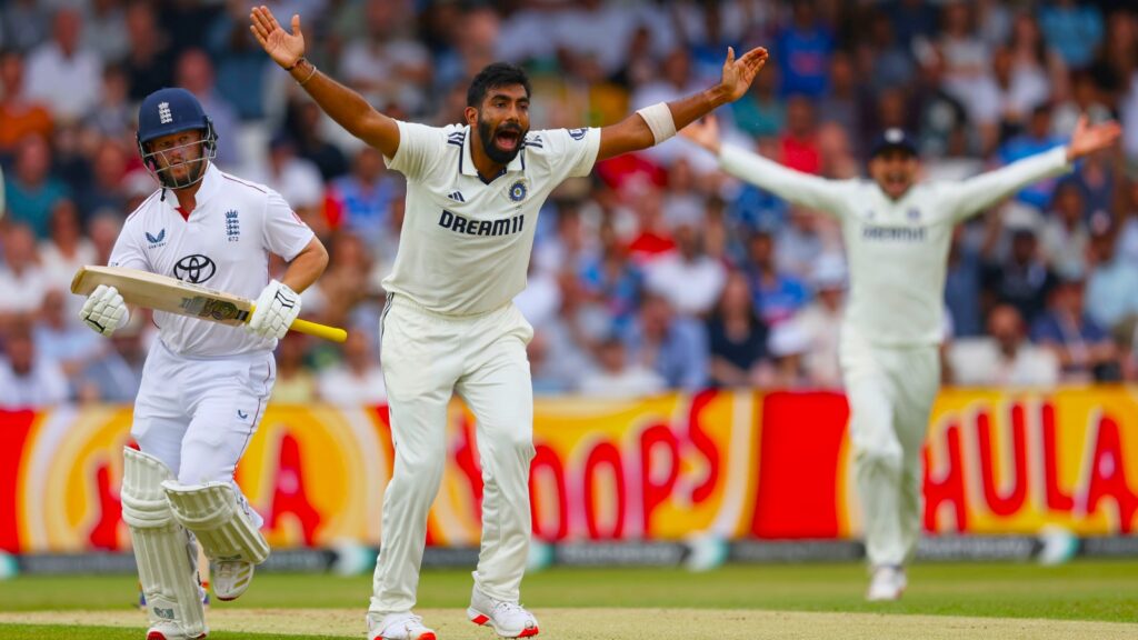 India's Jasprit Bumrah appeals unsuccessfully for the wicket of England's Ben Duckett, left, on day two of the first cricket test match between England and India at Headingley in Leeds. (AP Photo)