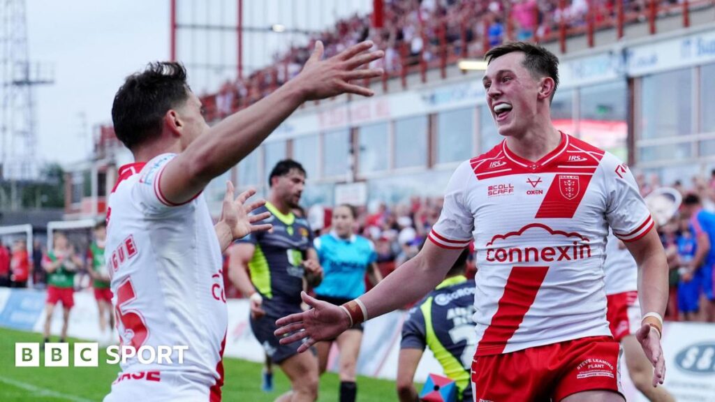 Hull KR's Jack Broadbent celebrates scoring one their first-half tries against Catalans Dragons