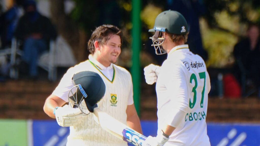 South Africa were in early trouble at 55-4 with the ball nipping around in the fresh morning conditions, but Pretorius, 19, put on 95 for the fifth wicket with fellow debutant Dewald Brevis (51). (Image Credit: Proteas Men-X)