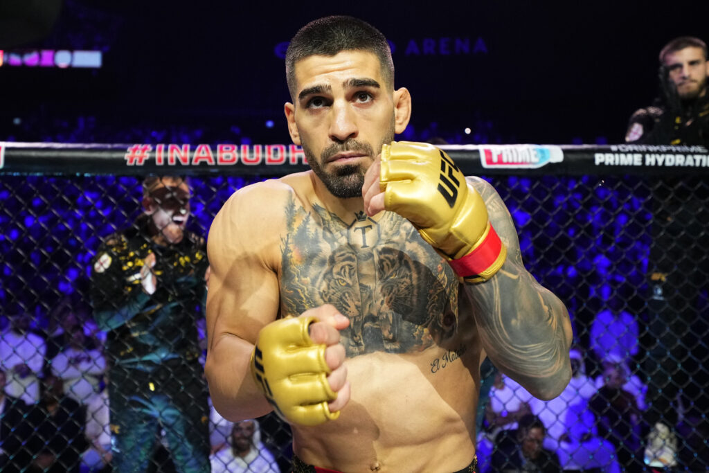 ABU DHABI, UNITED ARAB EMIRATES - OCTOBER 26:Ilia Topuria of Spain prepares to face Max Holloway in the UFC featherweight championship fight during the UFC 308 event at Etihad Arena on October 26, 2024 in Abu Dhabi, United Arab Emirates.  (Photo by Chris Unger/Zuffa LLC)