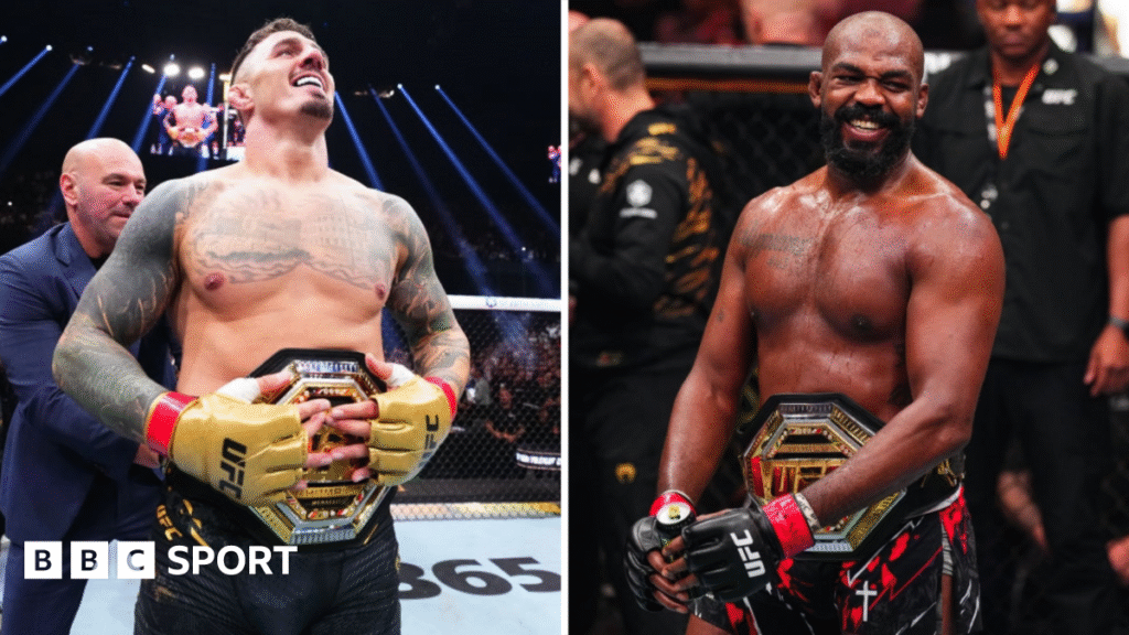 Split image of Tom Aspinall and Jon Jones with their respective UFC titles