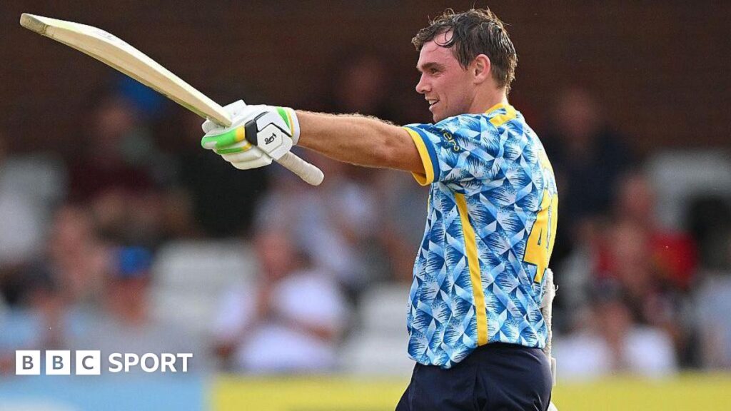 The Bears batsman Tom Latham celebrating his century against Derbyshire