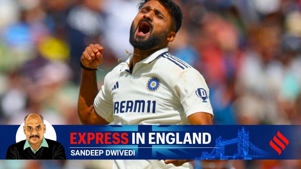 India's Akash Deep celebrates the dismissal of England's Ollie Pope on day five of the second cricket test match between England and India at Edgbaston in Birmingham, England, Sunday, July 6, 2025. (AP Photo)