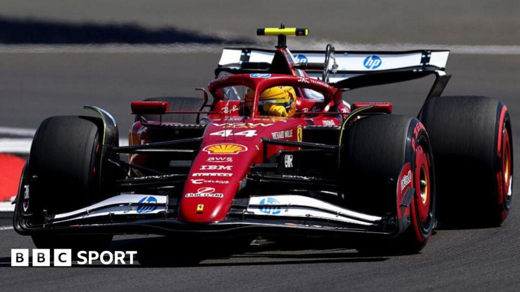 Lewis Hamilton drives the Ferrari during British Grand Prix first practice