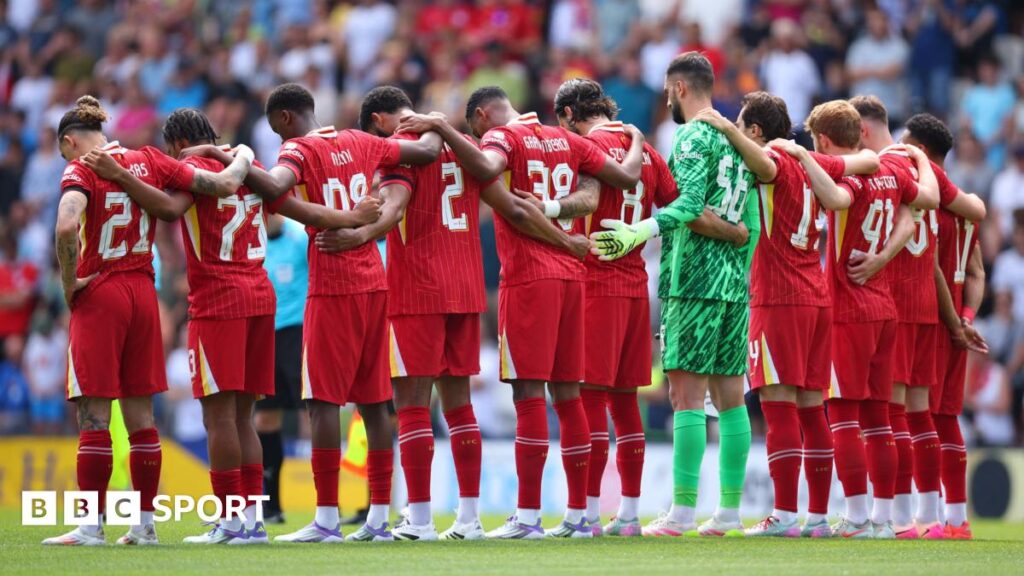 Liverpool players observe a minute's silence for Diogo Jota and Andre Silva ahead of friendly match at Preston