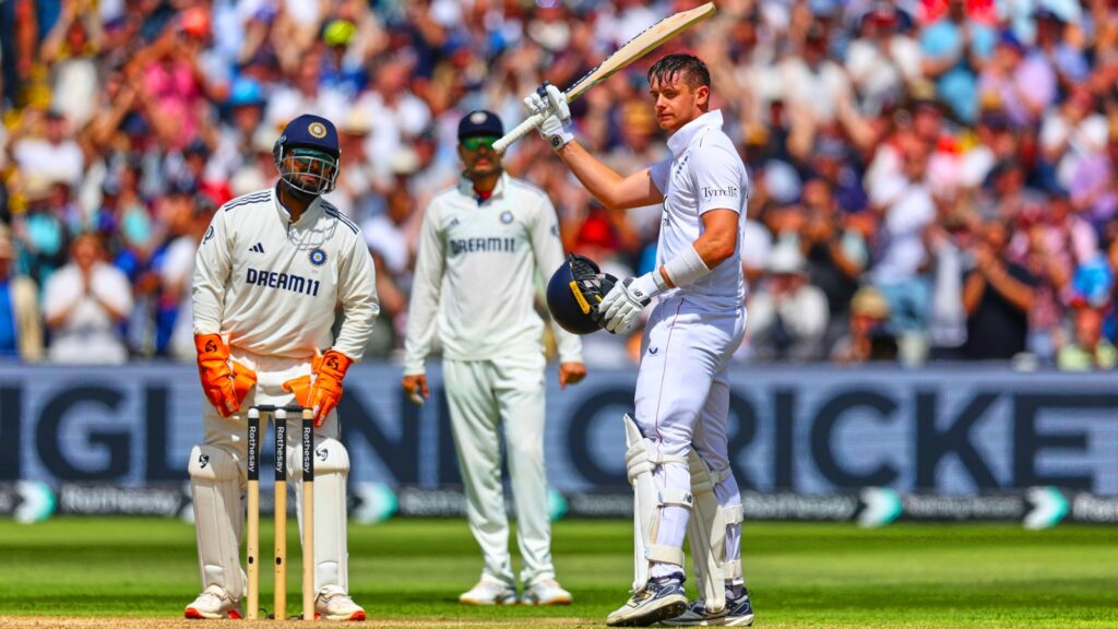 England's Jamie Smith celebrates after scoring a century on day three of the second cricket test match between England and India at Edgbaston in Birmingham, England, Friday, July 4, 2025. (AP Photo)