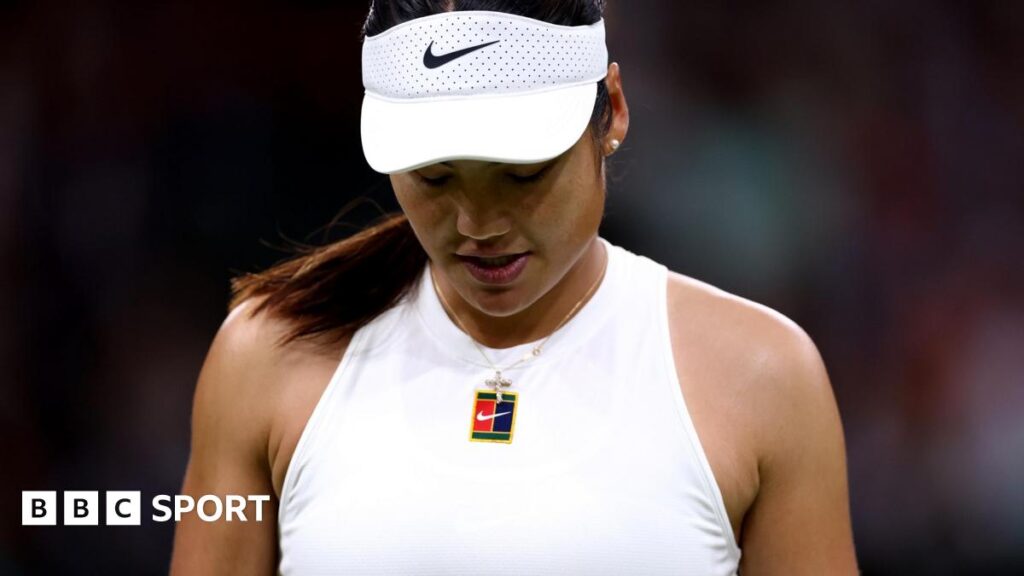 Emma Raducanu reacts to a point during her Wimbledon third round match against Aryna Sabalenka