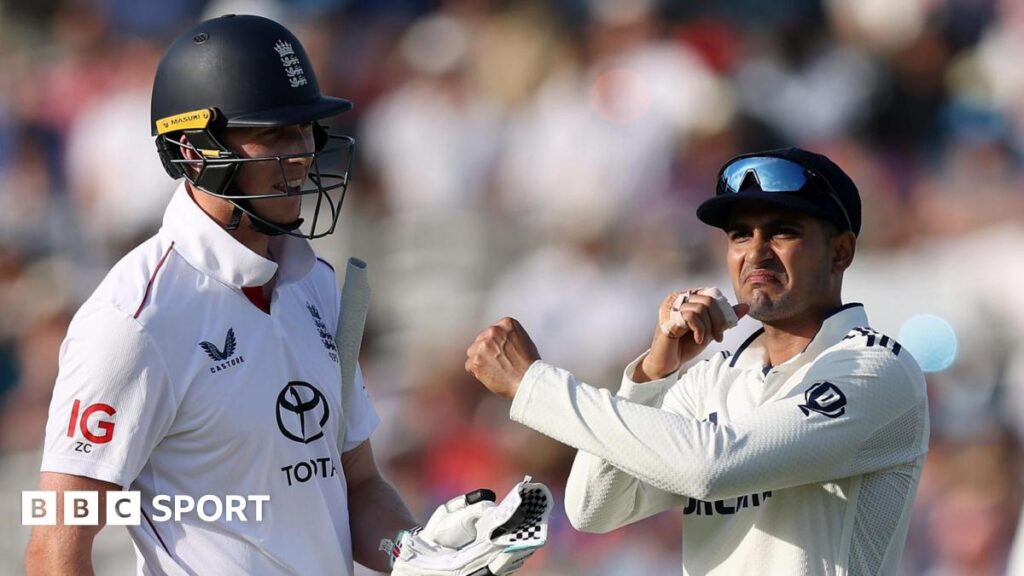 Shubman Gill makes an X gesture to Zak Crawley after England opener calls for physio