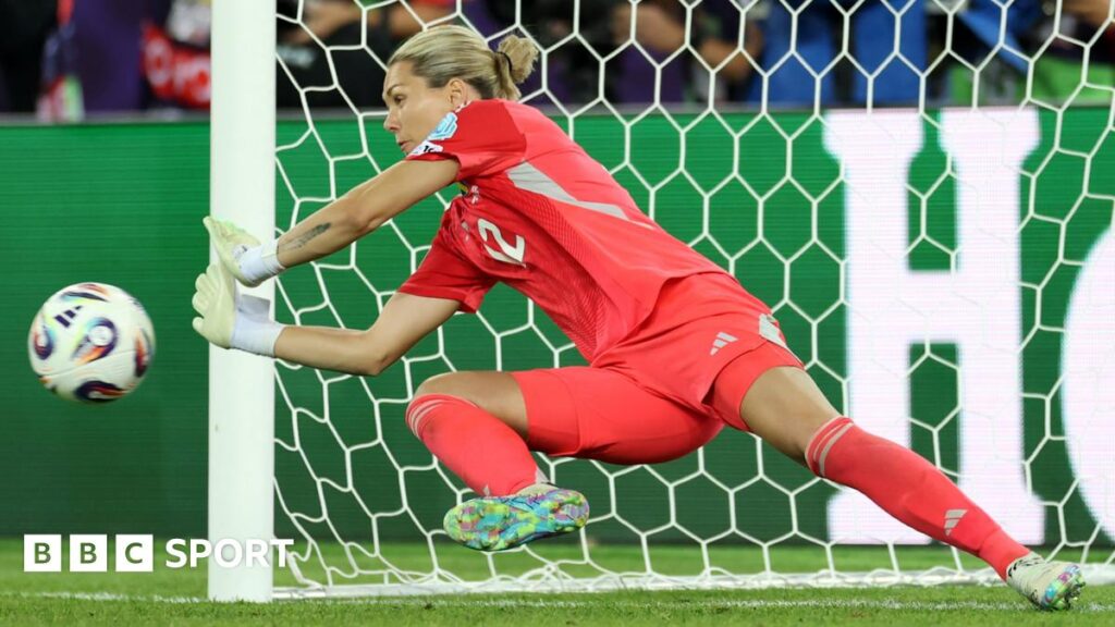 Sweden keeper Jennifer Falk reads notes on her water bottle about England's penalty takers in the Euro 2025 quarter-final