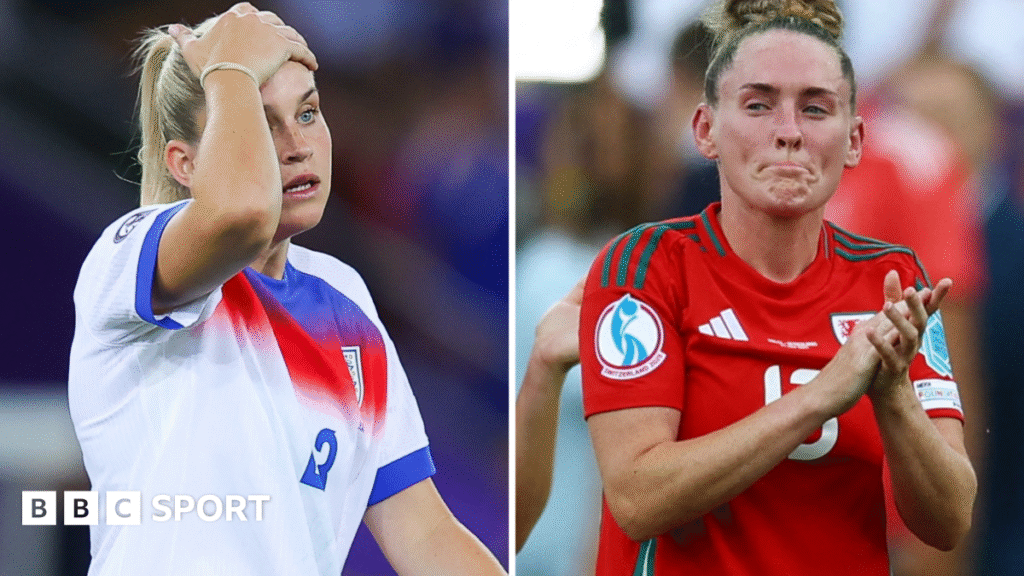 A split graphic of England's Alessia Russo and Wales' Rachel Rowe looking dejected after their opening-game defeats at Euro 2025
