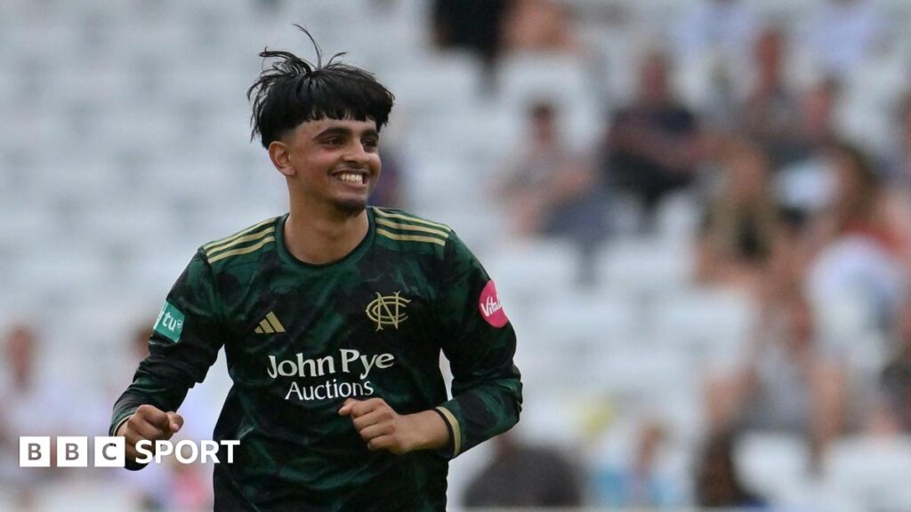 Farhan Ahmed smiles after taking a wicket for Notts Outlaws in the T20 Blast