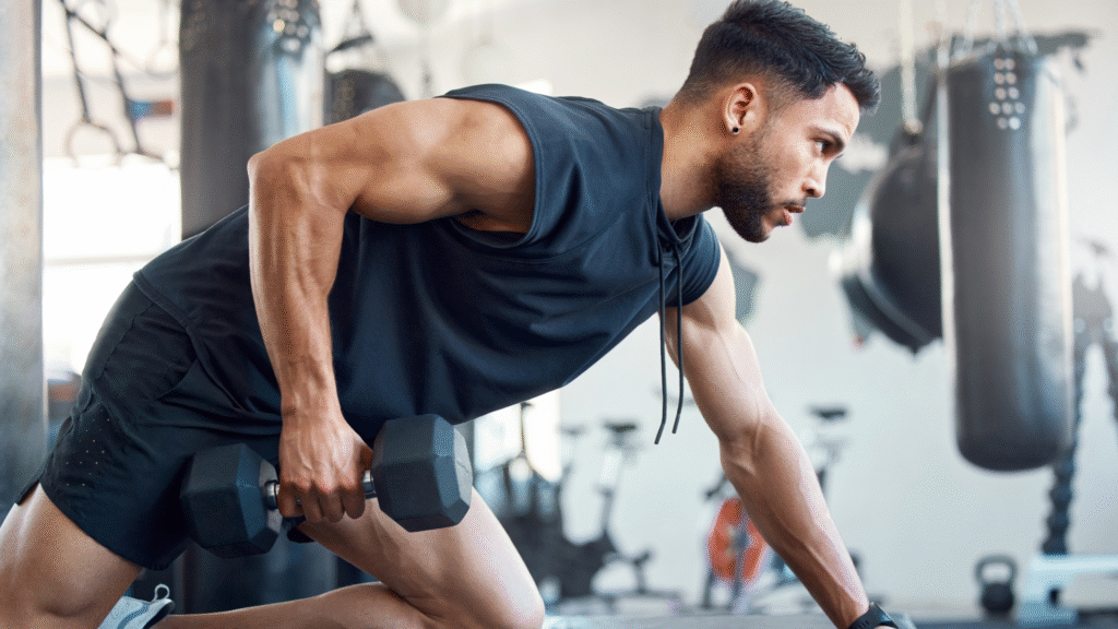 A man performing dumbbell rows at the gym