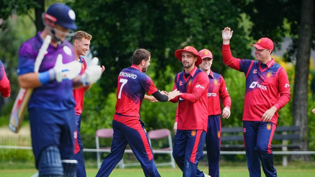 Scotland scored 133-7 with 43 from Cross 43 as top score, but Jersey scampered home on the back of Ben Greenwood's 49. (Image source: Jersey Cricket X)