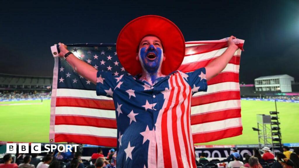 A cricket fan at the T20 World Cup in Dallas holds up the stars and stripes