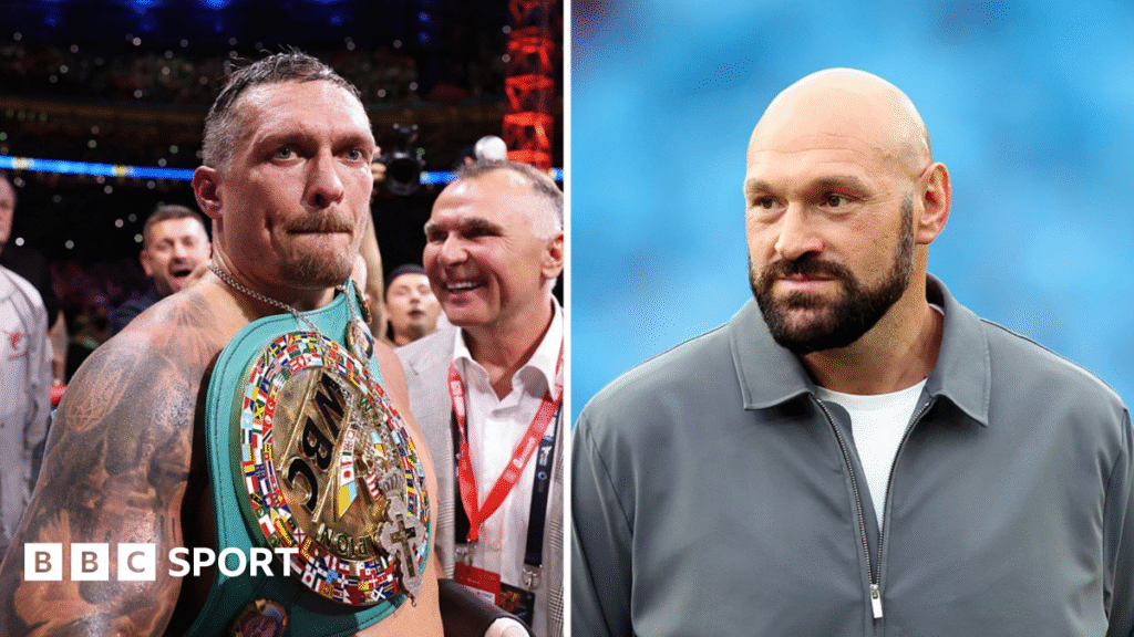 Oleksandr Usyk and Tyson Fury split image