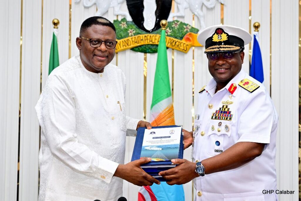 Cross River Governor Bassey Otu (L) hosts Rear Admiral Ayo Olugbode (R)