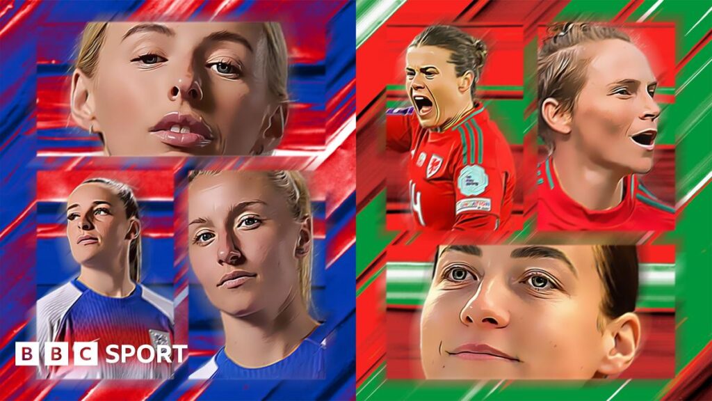 A split picture of two graphics featuring England players and Wales players
