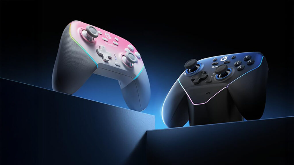 GameSir Super Nova wireless gaming controller in black and white on a blue platform