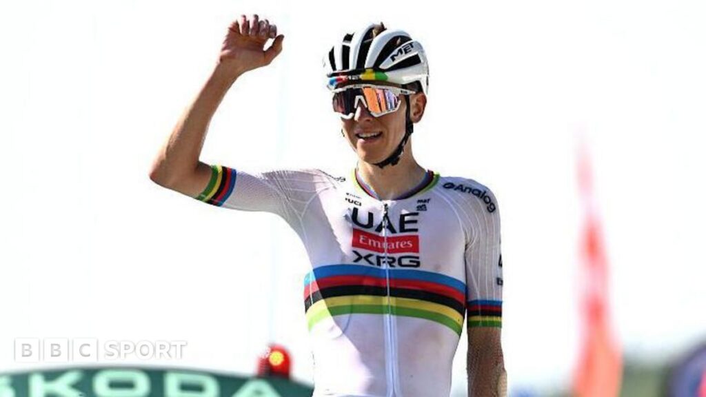 Tadej Pogacar celebrates winning stage 12 of the 2025 Tour de France