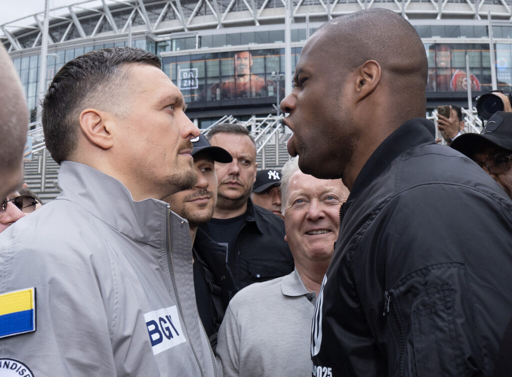 LONDON, ENGLAND - JULY 15: Oleksandr Usyk v Daniel Dubois face of outside Wembley Stadium  during  'Undisputed' photocall at Wembley Stadium on July 15, 2025 in London, England. (Photo by Richard Pelham/Getty Images)