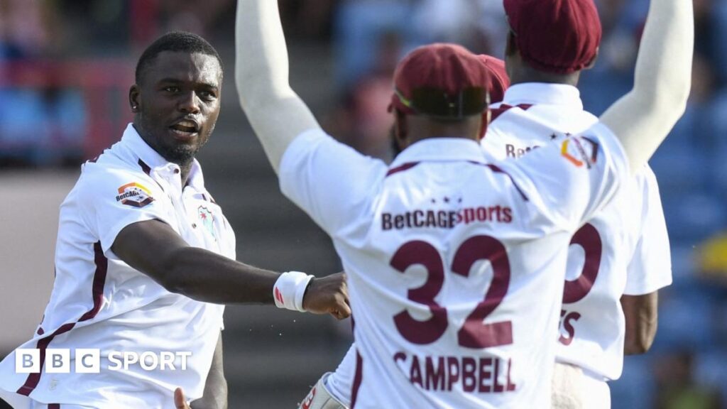 West Indies' Jaylen Seales celebrates taking a wicket against Australia