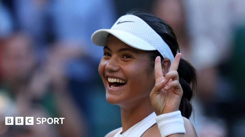 Emma Raducanu celebrates beating Marketa Vondrousova at Wimbledon