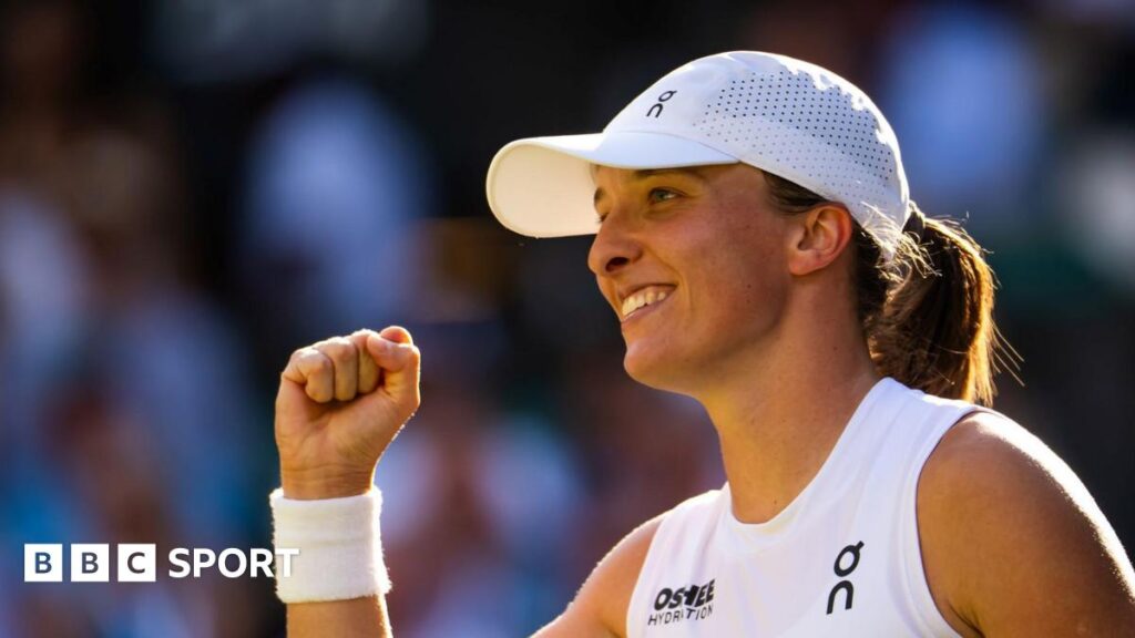 Iga Swiatek celebrates during her Wimbledon semi-final win