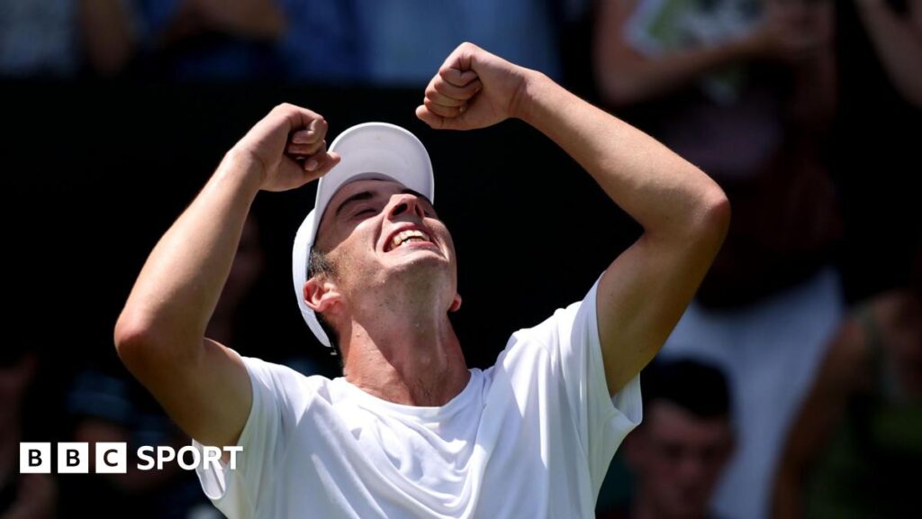 Oliver Tarvet celebrates beating Switzerland's Leandro Riedi on his Wimbledon debut