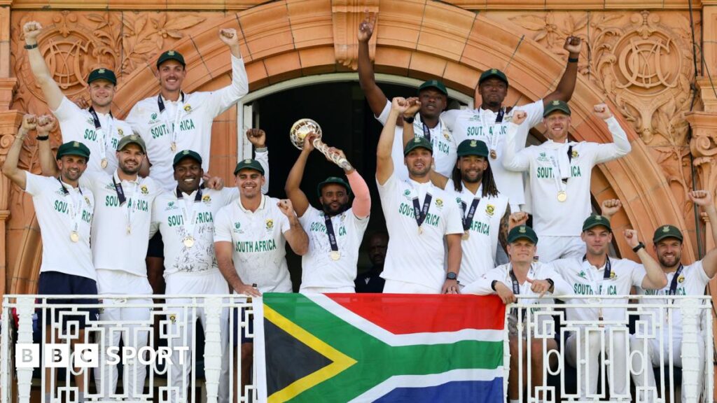 South Africa players celebrate with the World Test Championship mace on Lord's balcony