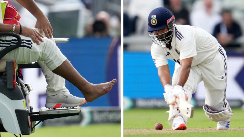 Rishabh Pant was driven off the field after being hit on his right foot while batting in Manchester on Wednesday. (AP)