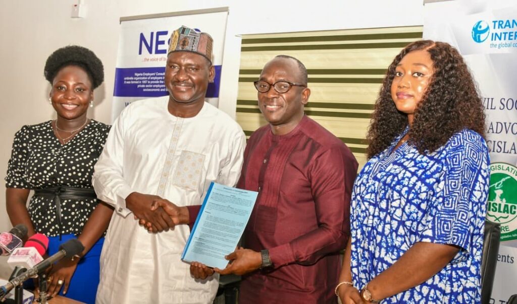 Executive Director of CISLAC, Auwal Musa Rafsanjani, and Director-General/Chief Executive, Nigeria Employers’ Consultative Association (NECA), Adewale-Smatt Oyerinde at the signing of Memorandum of Understanding (MoU) aimed at fostering cooperation to enhance workers’ welfare, promote fair business practices, and drive sustainable economic growth