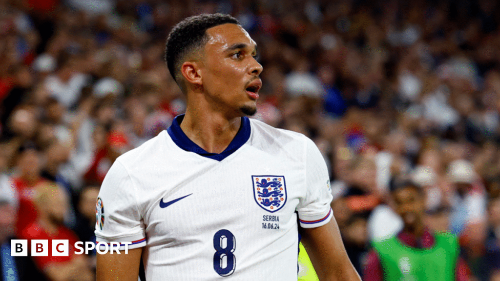 Trent Alexander-Arnold reacts while playing for England