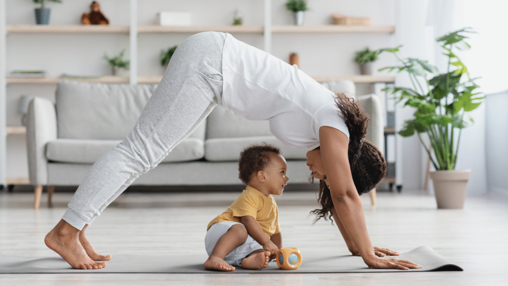 a woman and child practicing yoga for kids
