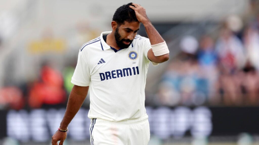 India's Jasprit Bumrah reacts during day three of the first cricket test match between England and India at Headingley in Leeds, England, Sunday, June 22, 2025. (AP Photo/Scott Heppell)