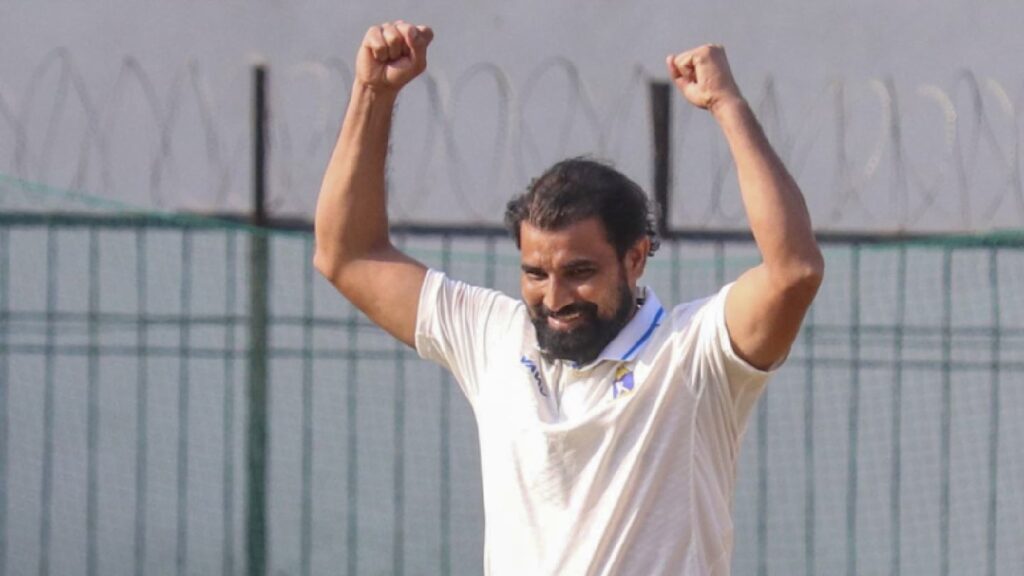 Bengal’s Mohammed Shami celebrates a wicket on the fourth day of a Ranji Trophy cricket match between Madhya Pradesh and Bengal, at the Holkar Cricket Stadium, in Indore