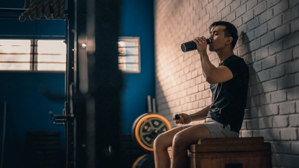 A man drinking pre workout at the gym