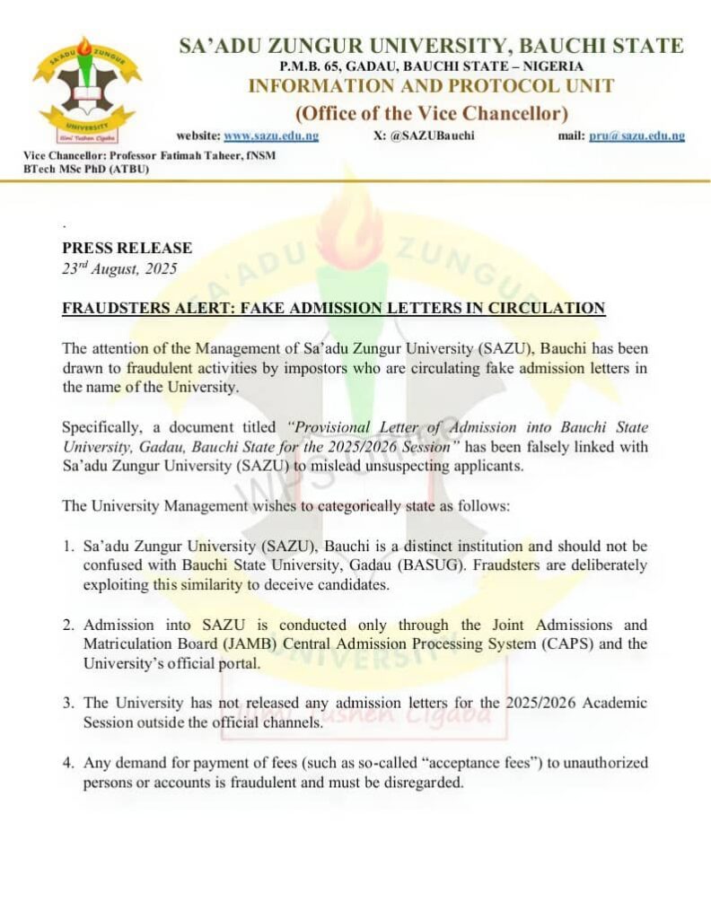 Sa’adu Zungur University raises alarm over fake admission letters